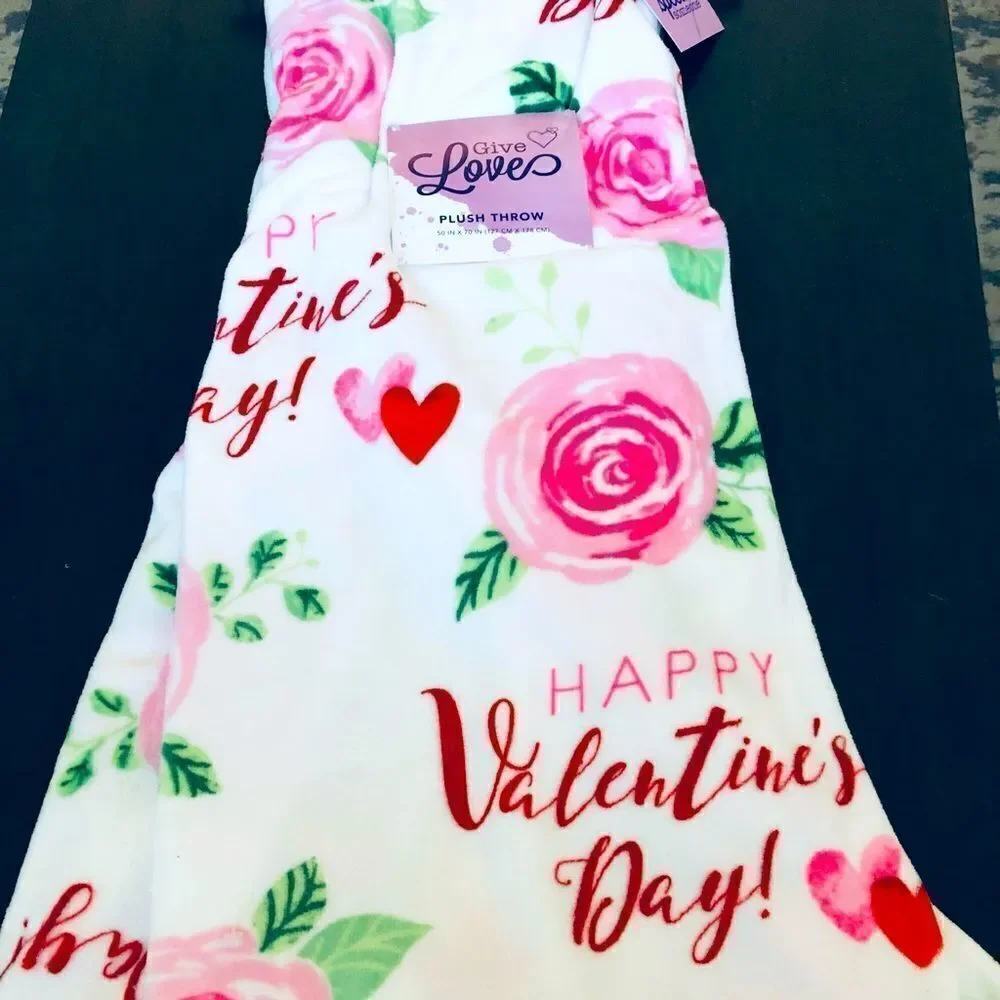 Happy Valentine’s Day Hearts & Roses Floral Plush Throw Blanket